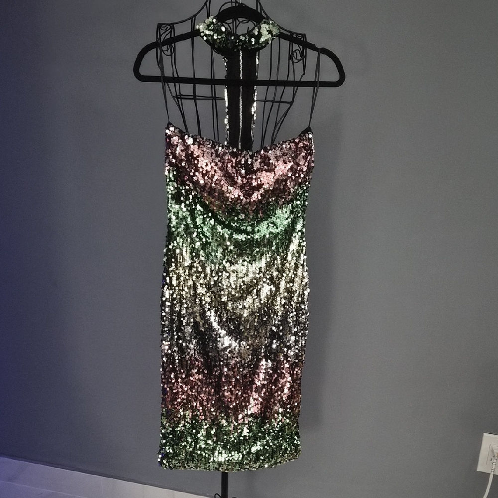 L'ATISTE Multicolor Sequin Strapless Dress   With Sequin Chocker Collar